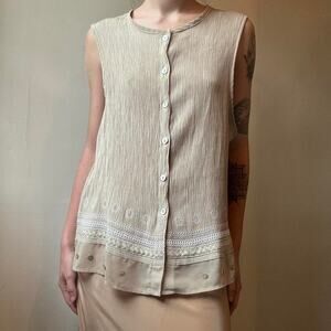Vintage Blast Beige Button Down Tank Medium Natural Bohemian
